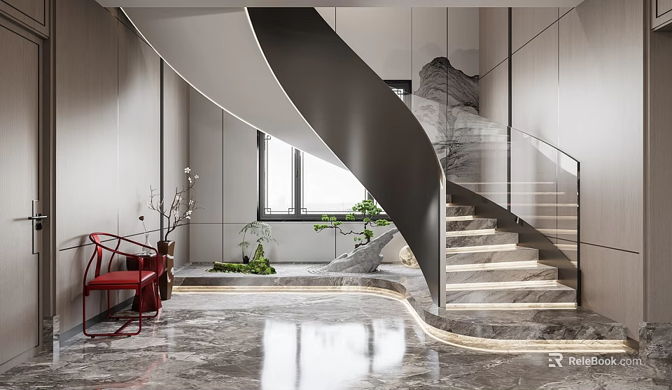Modern Spiral Staircase In Interior With Glass Railing Plants And Red Chair 3d model 
