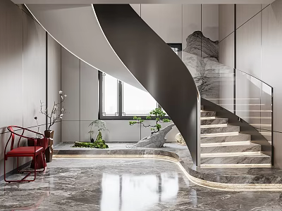 Modern Spiral Staircase In Interior With Glass Railing Plants And Red Chair 3d model