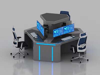 Modern Office Desk Workstation With Multiple Monitors Blue Lighting And Ergonomic Chairs 3d model