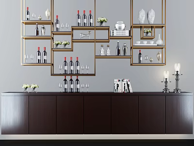 Elegant Wine Cabinet with Wine Bottles Glasses and Decorative Items on Gold Shelves 3d model