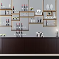 Elegant Wine Cabinet with Wine Bottles Glasses and Decorative Items on Gold Shelves