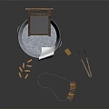 Essential Household Items Including Metal Basin Wooden Washboard Soap Clothespins And Rope