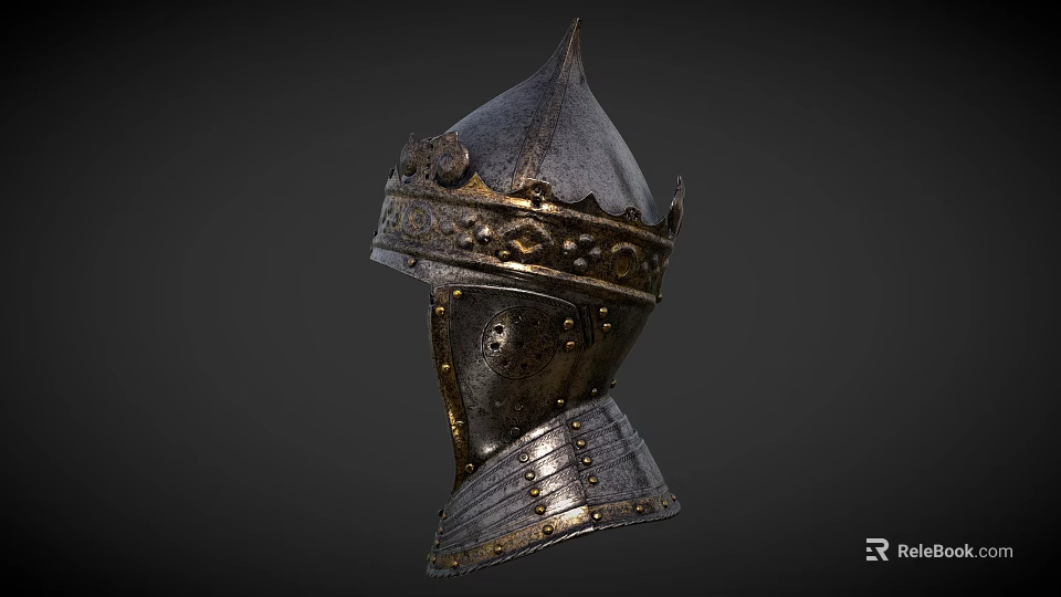 Ornate Medieval Metal Helmet With Decorative Gold Accents And Protective Structure 3d model 