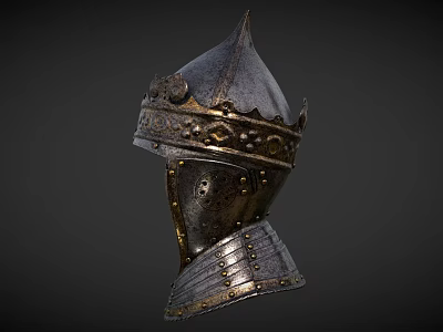 Ornate Medieval Metal Helmet With Decorative Gold Accents And Protective Structure 3d model