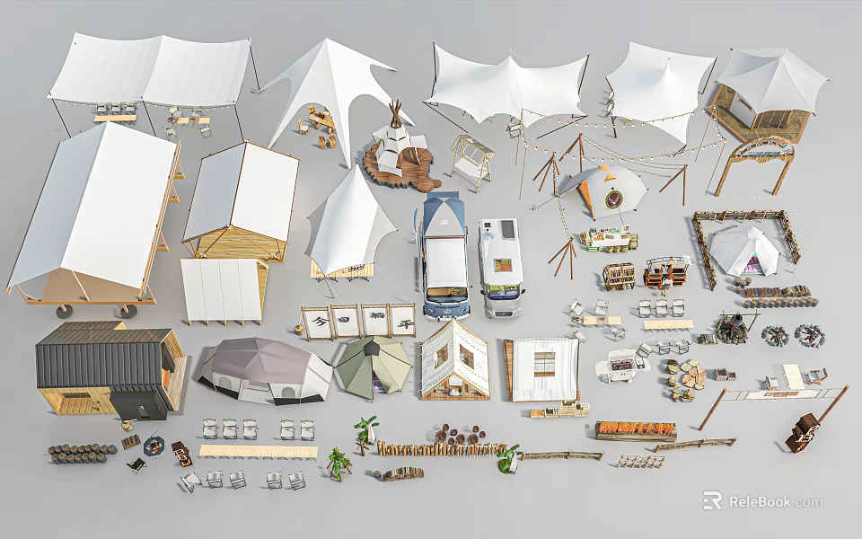 Various Design Tents With Camping Gear And Outdoor Accessories 3d model 