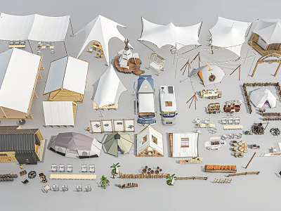 Various Design Tents With Camping Gear And Outdoor Accessories 3d model