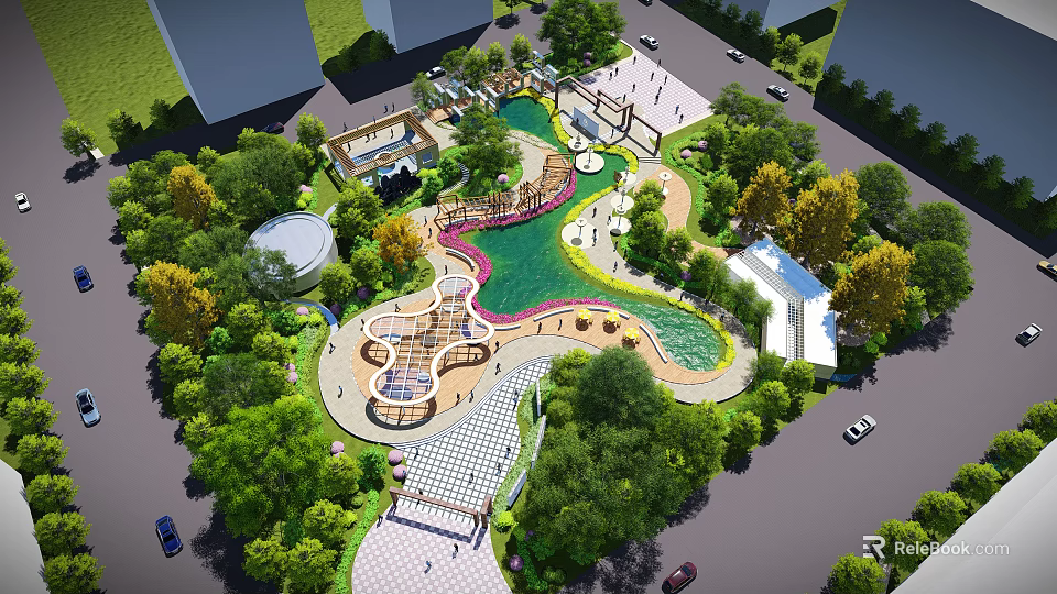Scenic Urban Park Landscape With Lush Trees Green Pond Playground Pathways And Pavilion 3d model 