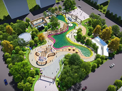 Scenic Urban Park Landscape With Lush Trees Green Pond Playground Pathways And Pavilion 3d model