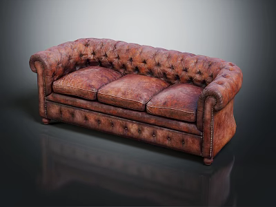 Vintage Brown Tufted Leather Sofa With Rolled Arms And Three Seats 3d model