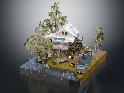 Wooden House With Solar Panels On Roof And Wooden Stairs Near Tall Trees And Old Vehicle 3d model