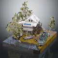 Wooden House With Solar Panels On Roof And Wooden Stairs Near Tall Trees And Old Vehicle
