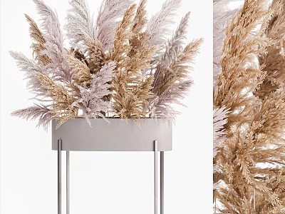 Elegant Bonsai Planter With Feathery Brown Pink Plants On Metal Stand 3d model