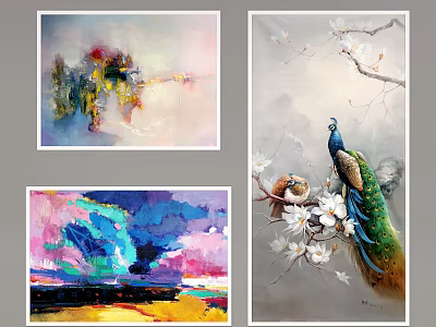 Peacock Animal Painting With White Flowers On Tree Branch Decorative Art 3d model