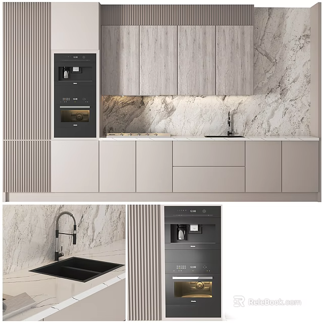 Modern Kitchen Cabinets In Light Tones With Marble Backsplash And Appliances 3d model
