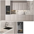 Modern Kitchen Cabinets In Light Tones With Marble Backsplash And Appliances 3d model