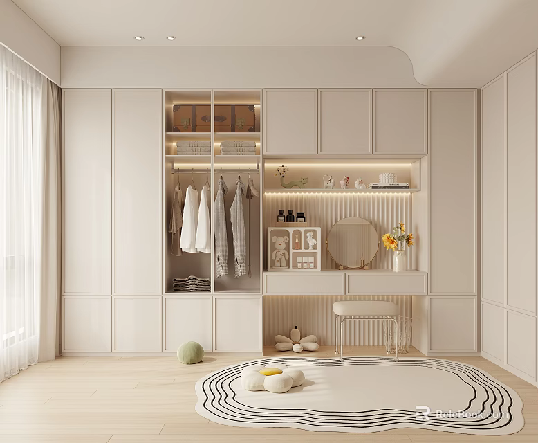 Elegant Walk in Closet with White Cabinets Hanging Clothes Dressing Table and Mirror 3d model 