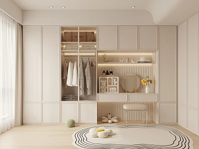 Elegant Walk in Closet with White Cabinets Hanging Clothes Dressing Table and Mirror 3d model