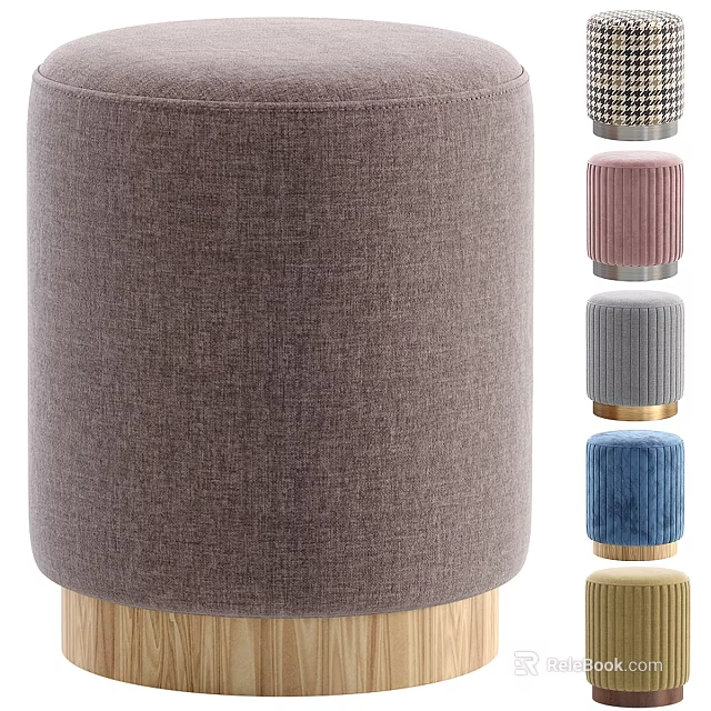 Round Upholstered Sofa Stool With Wooden Base And Various Color Options 3d model 