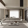 Modern Minimalist Open Concept Dining Living Room With Large Windows Wooden Elements Sofa Coffee Table And Lighting