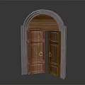 Architectural Arched Entrance Featuring Wooden Doors Stone Frame And Carved Details With Metal Handles