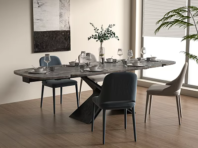 Modern Dining Table With Four Chairs Wine Glasses Plates Vase Wall Painting And Window Plant 3d model