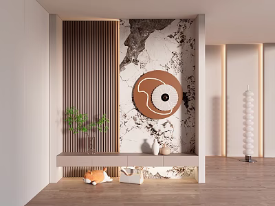 Modern Entryway With Wooden Slats Marble Wall Art Decor And Plants 3d model
