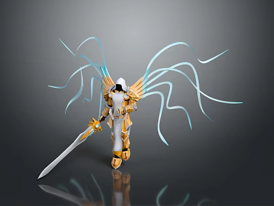 Character in Gold White Armor with Blue Wing like Appendages Holding Sword and Creature Features 3d model