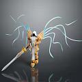 Character in Gold White Armor with Blue Wing like Appendages Holding Sword and Creature Features