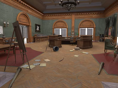 Large Desk In Room With Green Walls Arched Windows Scattered Papers Easel And Wooden Floor 3d model