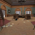 Large Desk In Room With Green Walls Arched Windows Scattered Papers Easel And Wooden Floor