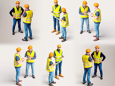 Construction Workers In Safety Vests And Hard Hats Communicating On Site 3d model