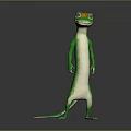Green and white lizard standing on reflective surface against gray gradient background 3d model