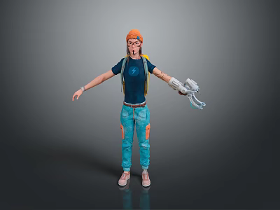 Game Movie Character With Orange Hair Blue T-Shirt Blue Jeans Mechanical Arm Backpack Standing Pose 3d model
