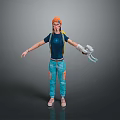 Game Movie Character With Orange Hair Blue T-Shirt Blue Jeans Mechanical Arm Backpack Standing Pose