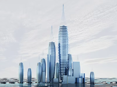 Modern Tall Skyscrapers With Sleek Glass Facades And Water Reflection In Urban Skyline 3d model