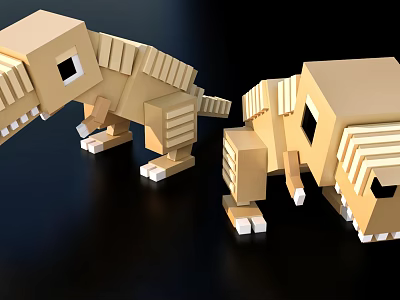 Two Beige Pixel Style Dinosaur Block Models on Black Background 3d model