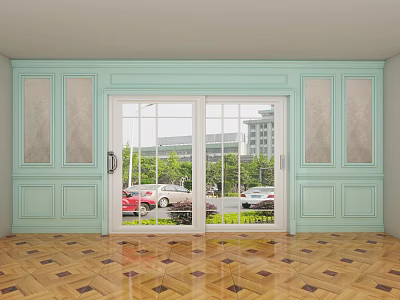Light Blue Wainscoting Around Sliding Doors With Herringbone Wood Floor And Outdoor Green View 3d model