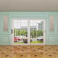 Light Blue Wainscoting Around Sliding Doors With Herringbone Wood Floor And Outdoor Green View
