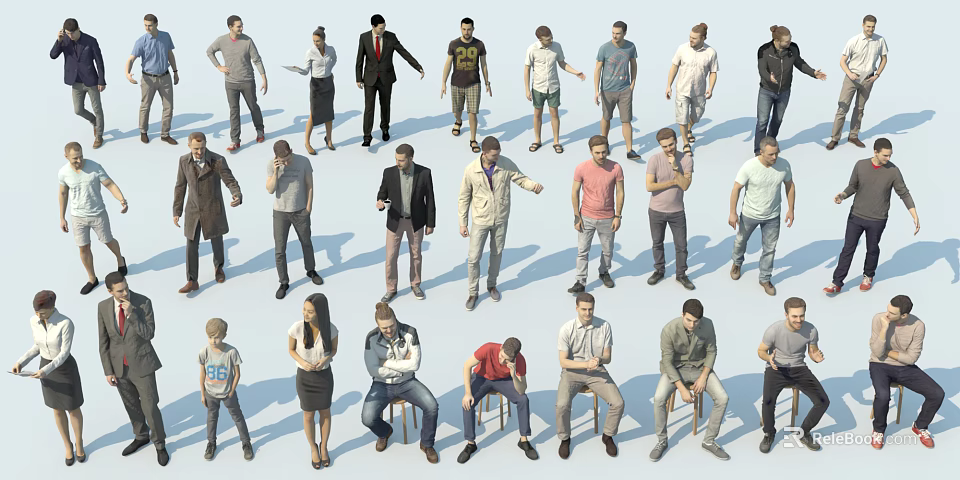 Various People Characters In Different Poses Standing And Sitting With Casual Formal Clothing 3d model 