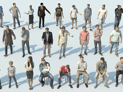 Various People Characters In Different Poses Standing And Sitting With Casual Formal Clothing 3d model
