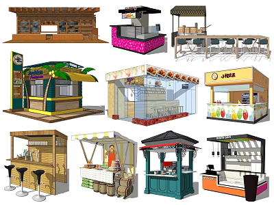 Colorful Street Kiosks With Various Designs For Food Snacks And Drinks 3d model