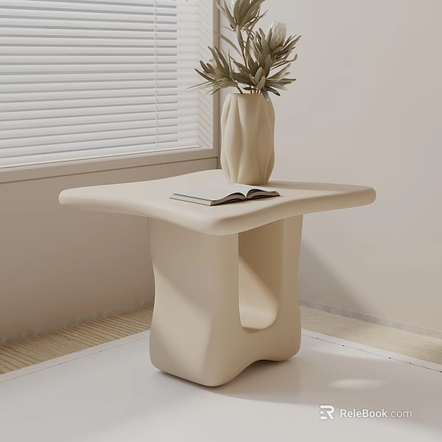 Beige Curved Side Table With Open Book and Vase Near Window Blinds 3d model 