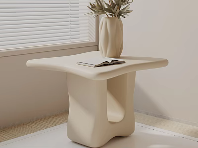 Beige Curved Side Table With Open Book and Vase Near Window Blinds 3d model