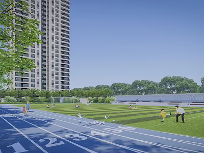 Soccer Field With Running Track Green Grass And People Playing Near Tall Buildings And Trees 3d model