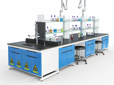 Modern Laboratory Workbench Setup With Blue Cabinets Yellow Warning Signs And Glass Shelves 3d model