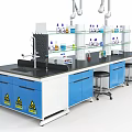 Modern Laboratory Workbench Setup With Blue Cabinets Yellow Warning Signs And Glass Shelves