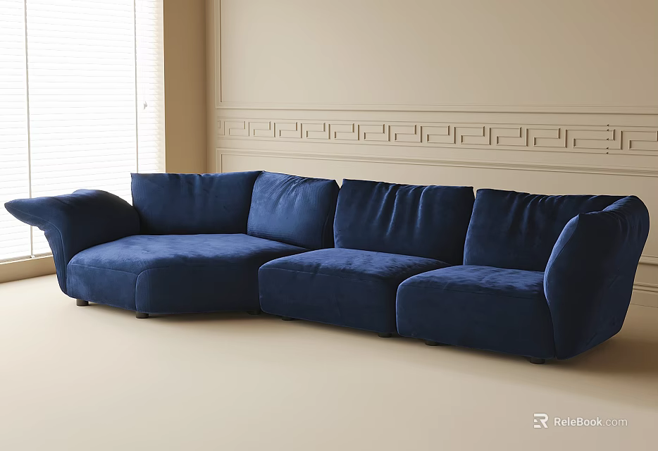 Modern Blue Velvet Sectional Sofa In Minimalist Living Room With Decorative Wall Molding 3d model 