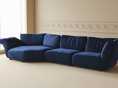 Modern Blue Velvet Sectional Sofa In Minimalist Living Room With Decorative Wall Molding 3d model