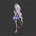 Cute Anime Style Game Character With Pink White Hair And Blue Frilled Dress