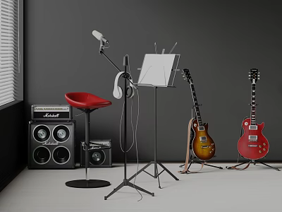 Musical Instruments and Art Supplies With Electric Guitars Microphone Easel And Amplifier 3d model